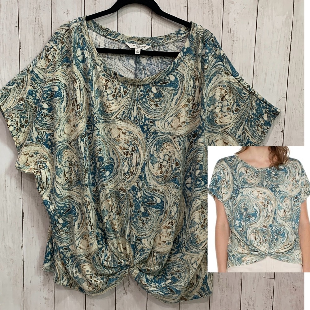 NWT Liverpool Los Angeles Women's 3X Boho Top Ocean Blue Knot Front Short Sleeve